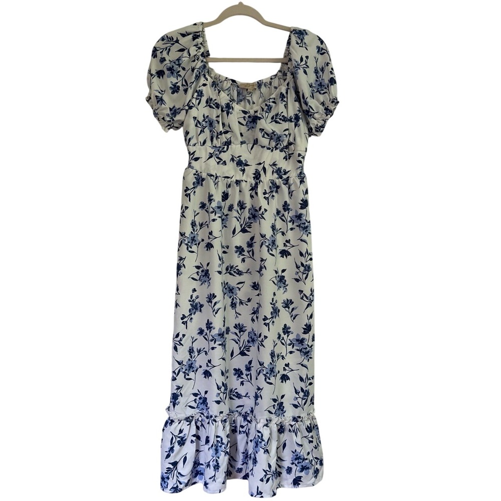 Indigo Cottagecore Short Puff Sleeve Floral Print Blue & White Dress‎ Size S